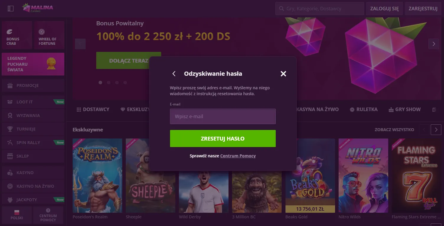 Problemy z Malina Casino logowanie i odzyskiwanie hasła